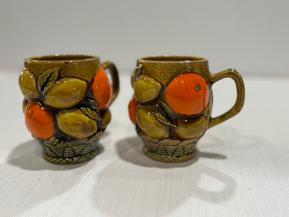 Inarco Orange Spice ceramic embossed mugs, mid century 1960s or 1970s